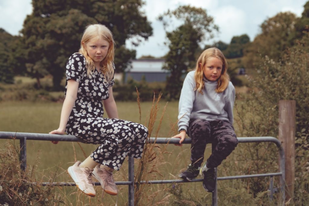 Two young girls sitting on a fence in a field
