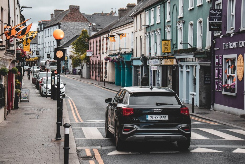 a car driving down a street