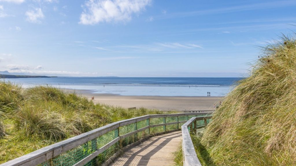 Wooden boardwalk descending through dune grass toward sandy beach and calm sea