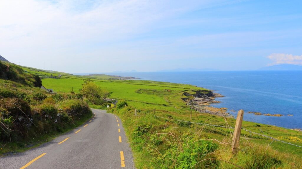 Coastal road with yellow markings curving through green fields toward rocky shoreline